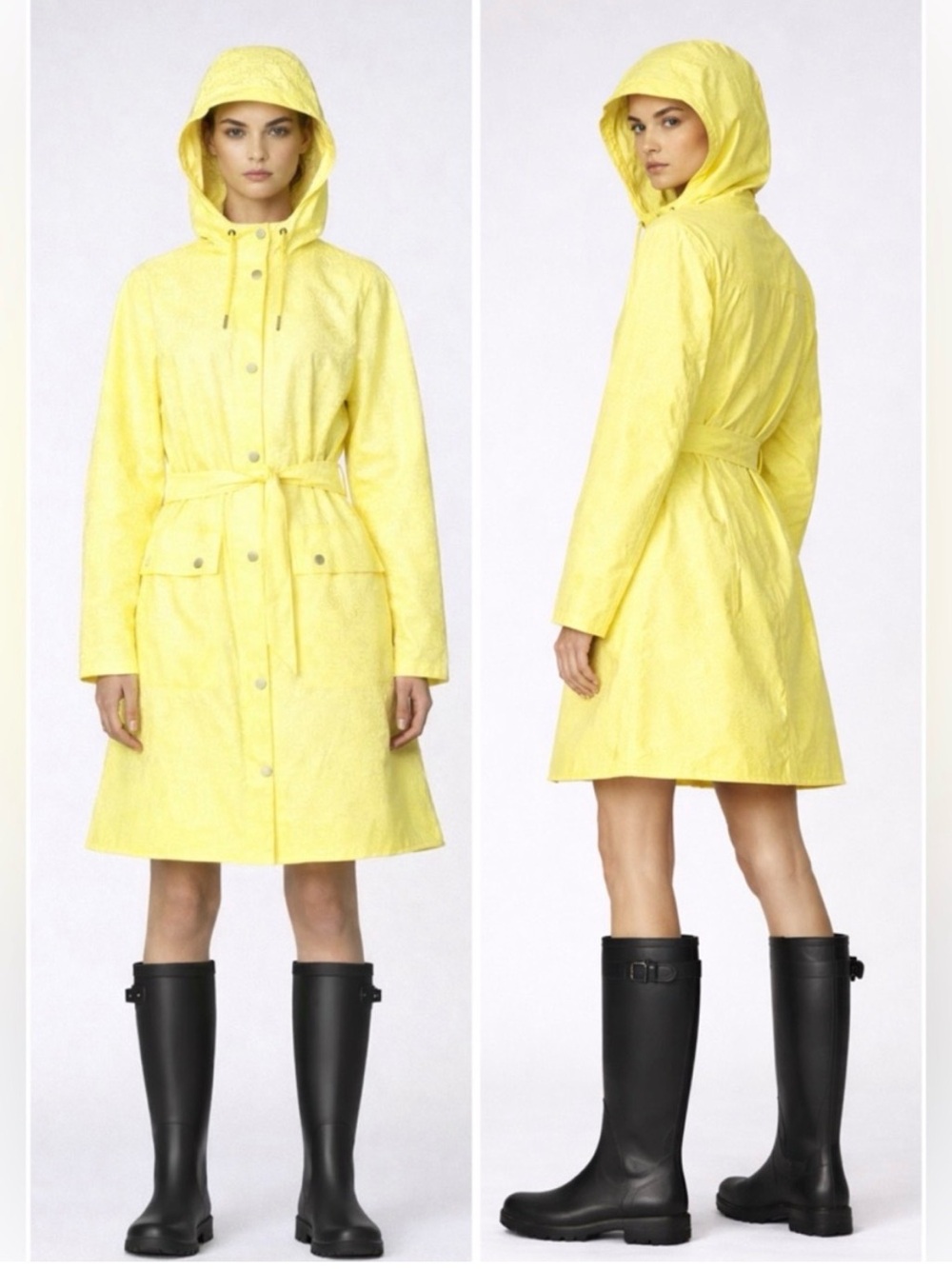Rains Yellow Hooded Trench Coat with Tie Waist